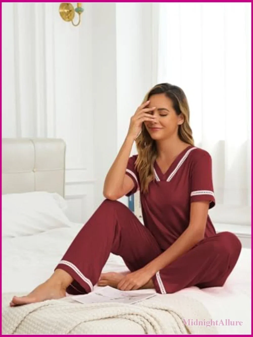 V-Neck Lace Pajama Set with Pockets, Short Sleeve & Wide Leg Pants, Sleepwear